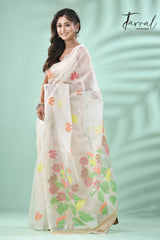 Offwhite with multi colour pallu floral with butas allover handwoven jamadani saree in muslin silk