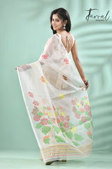 Offwhite with multi colour pallu floral with butas allover handwoven jamadani saree in muslin silk