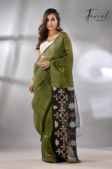 Green with black star pallu silk linen handwoven jamdani saree