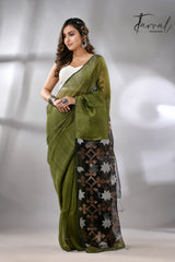 Green with black star pallu silk linen handwoven jamdani saree