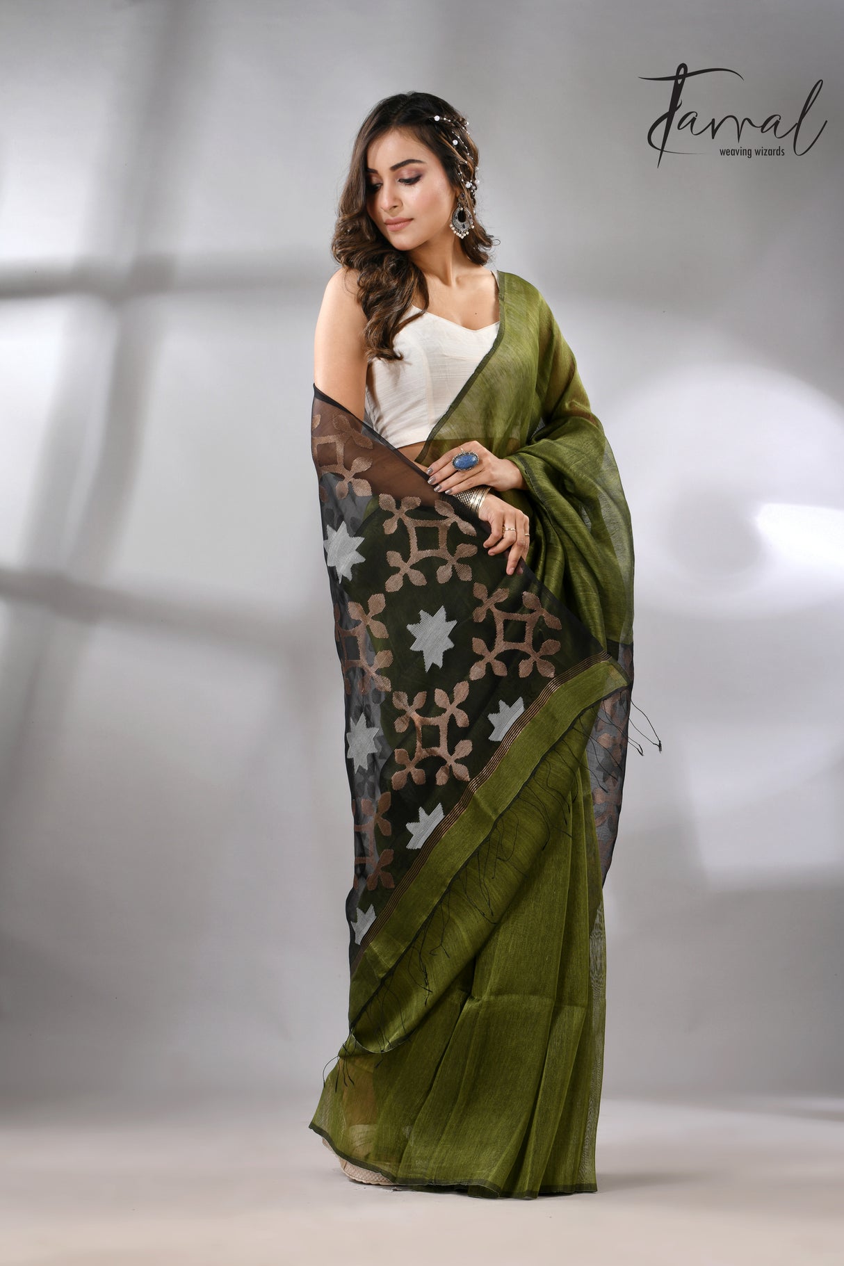 Green with black star pallu silk linen handwoven jamdani saree