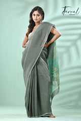 Bamboo Green Silk linen handwoven jamdani saree