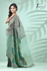 Bamboo Green Silk linen handwoven jamdani saree