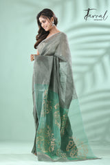 Bamboo Green Silk linen handwoven jamdani saree