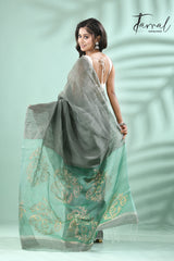 Bamboo Green Silk linen handwoven jamdani saree