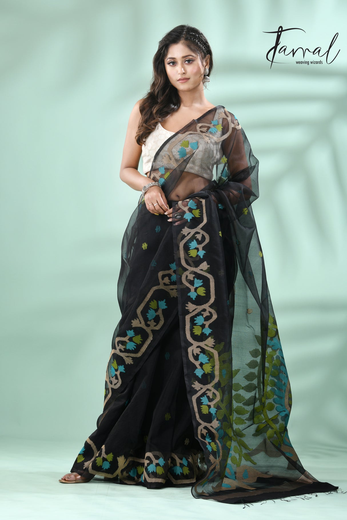 Black with multicolour kalka motifs handwoven jamdani saree