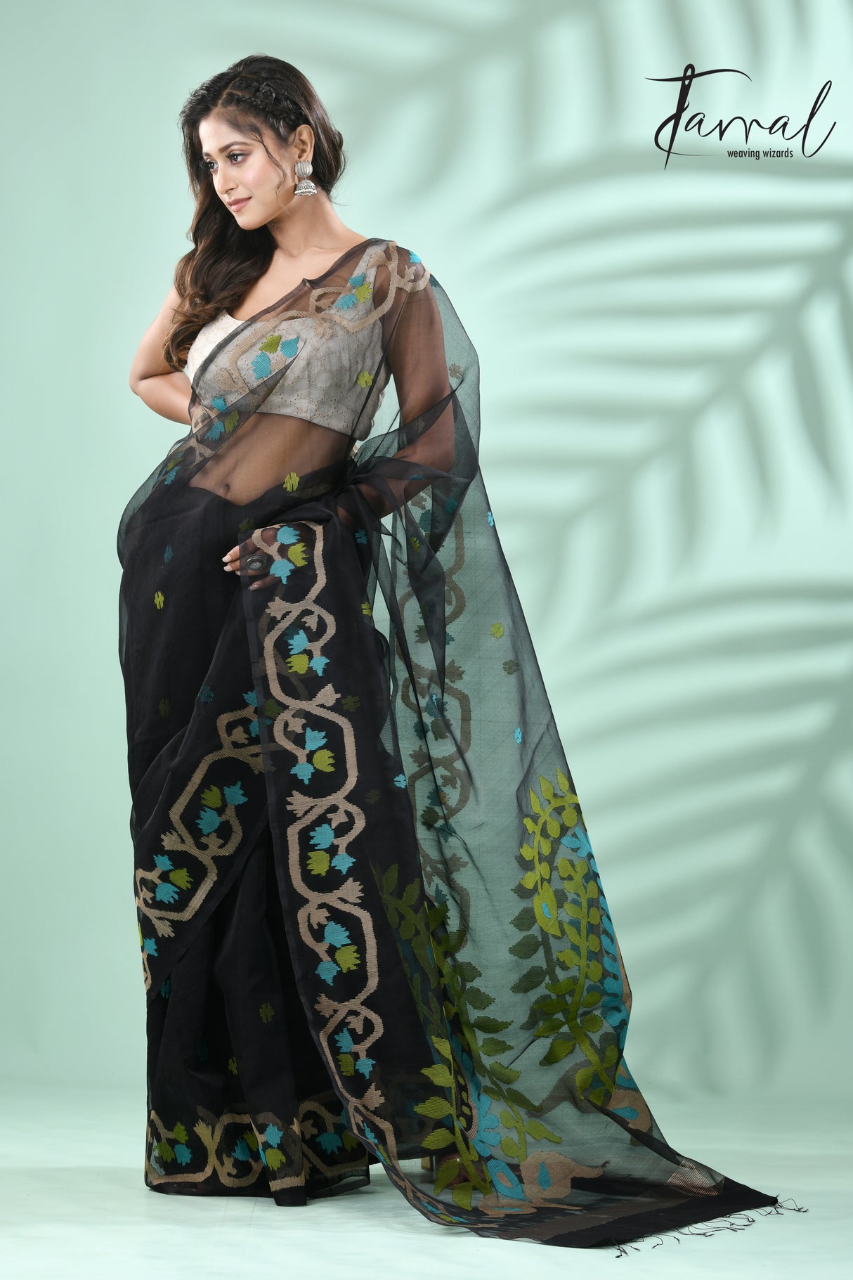 Black with multicolour kalka motifs handwoven jamdani saree