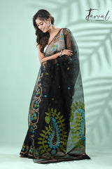 Black with multicolour kalka motifs handwoven jamdani saree