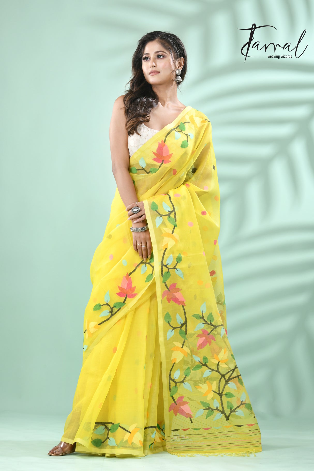 Yellow with multi floral lata design handwoven muslin silk jamdani saree - Tamal Boutique