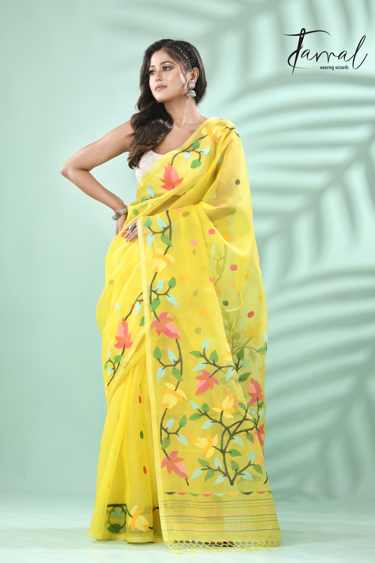 Yellow with multi floral lata design handwoven muslin silk jamdani saree