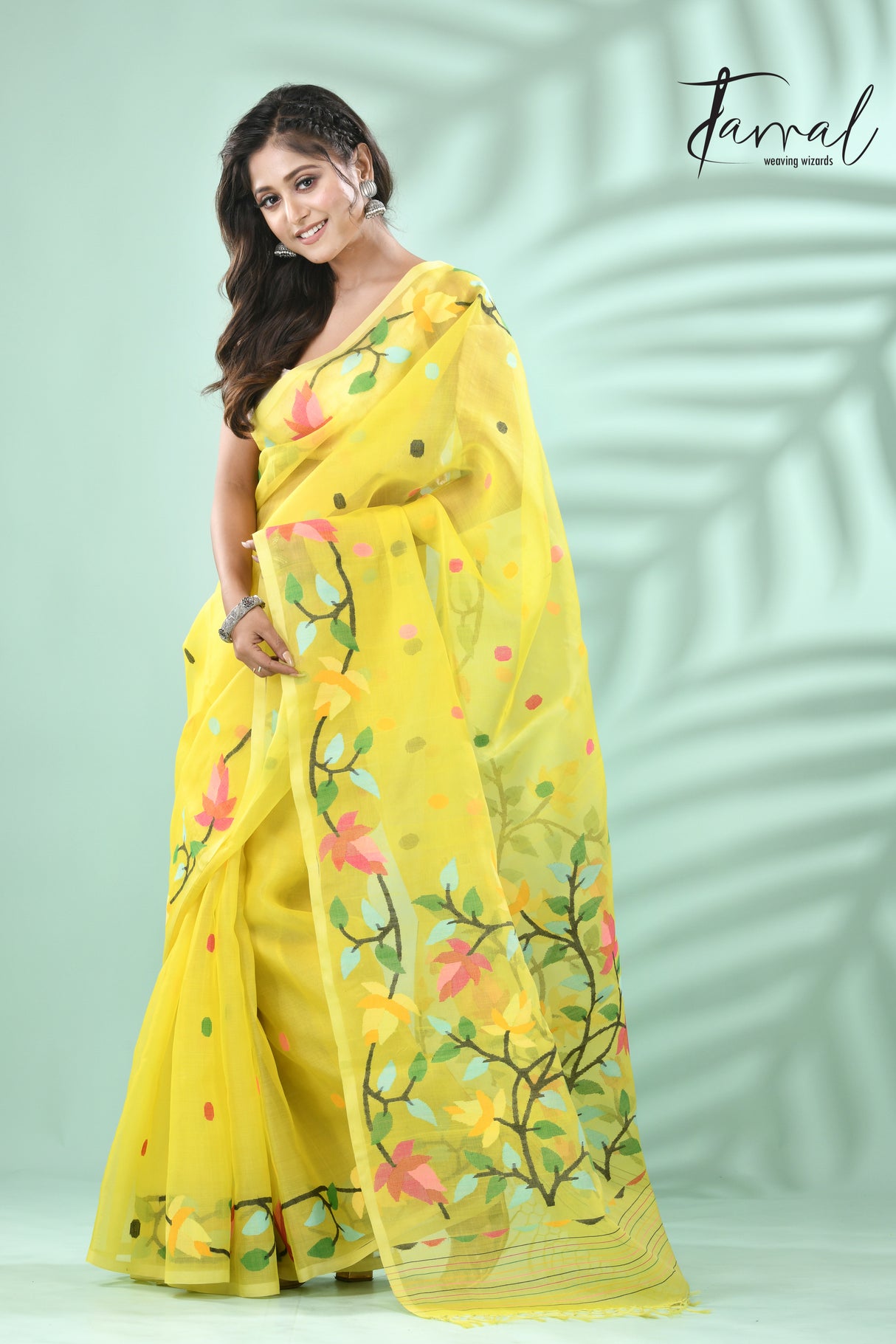 Yellow with multi floral lata design handwoven muslin silk jamdani saree