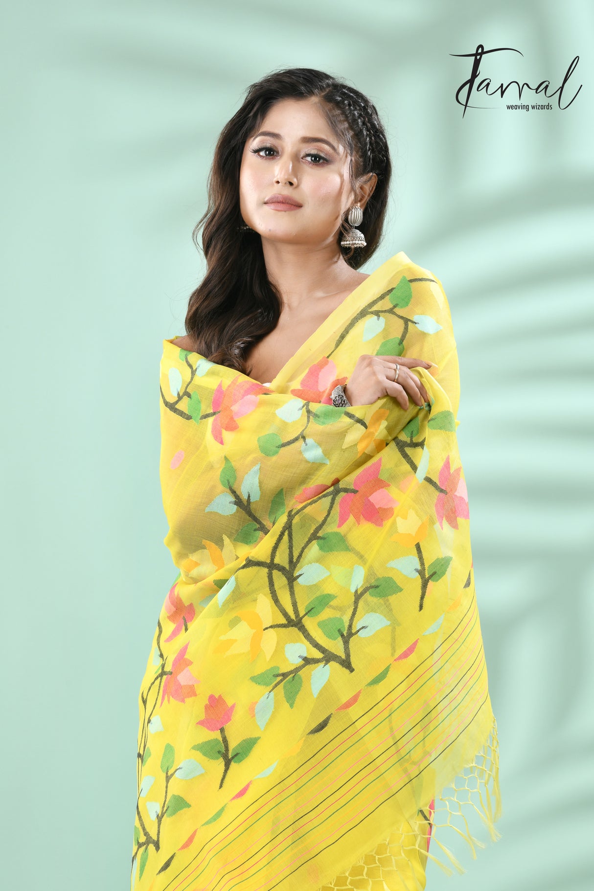 Yellow with multi floral lata design handwoven muslin silk jamdani saree