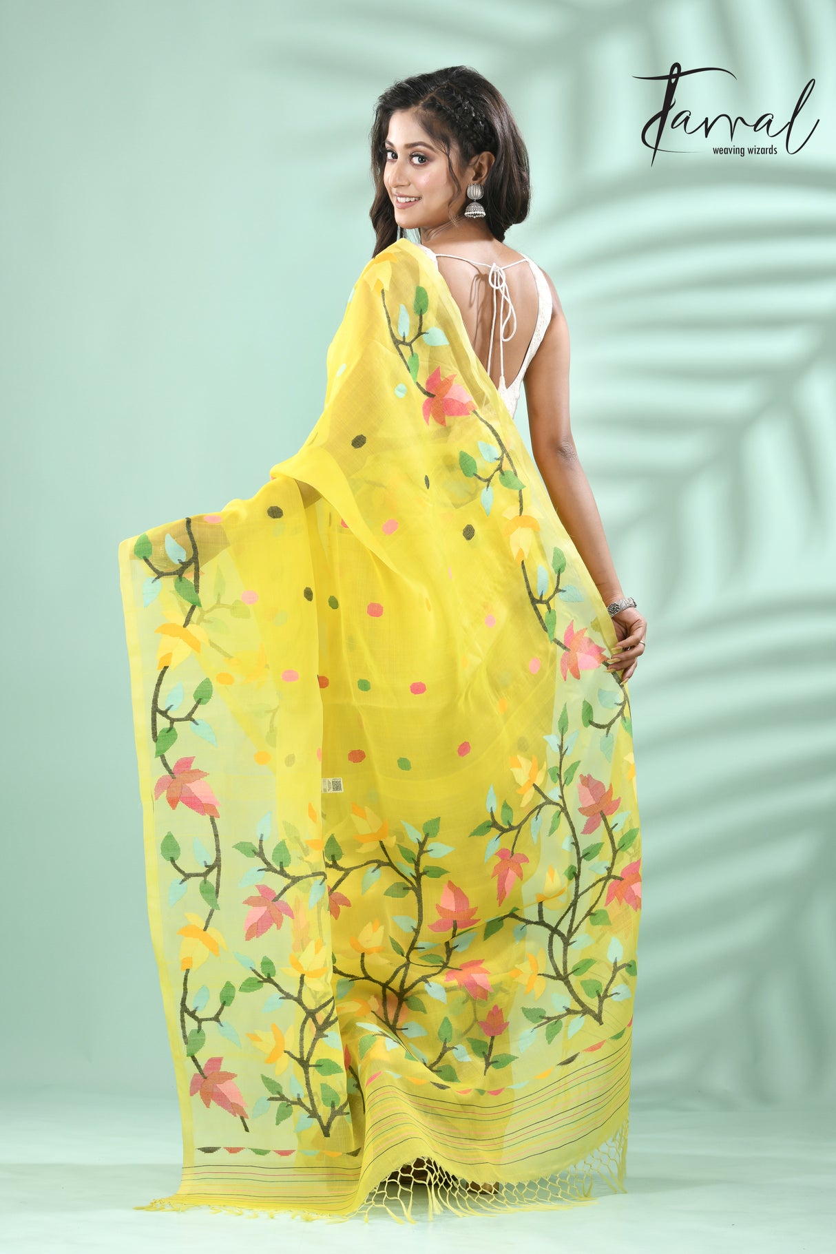 Yellow with multi floral lata design handwoven muslin silk jamdani saree - Tamal Boutique