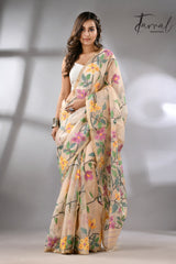 Offwhite with tussar border and multicolour allover bougainvillea flower muslin silk handwoven jamdani saree