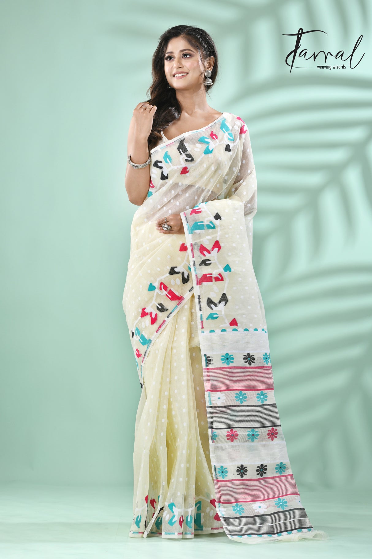 Offwhite with multicolour floral border handloom dhaki jamdani saree