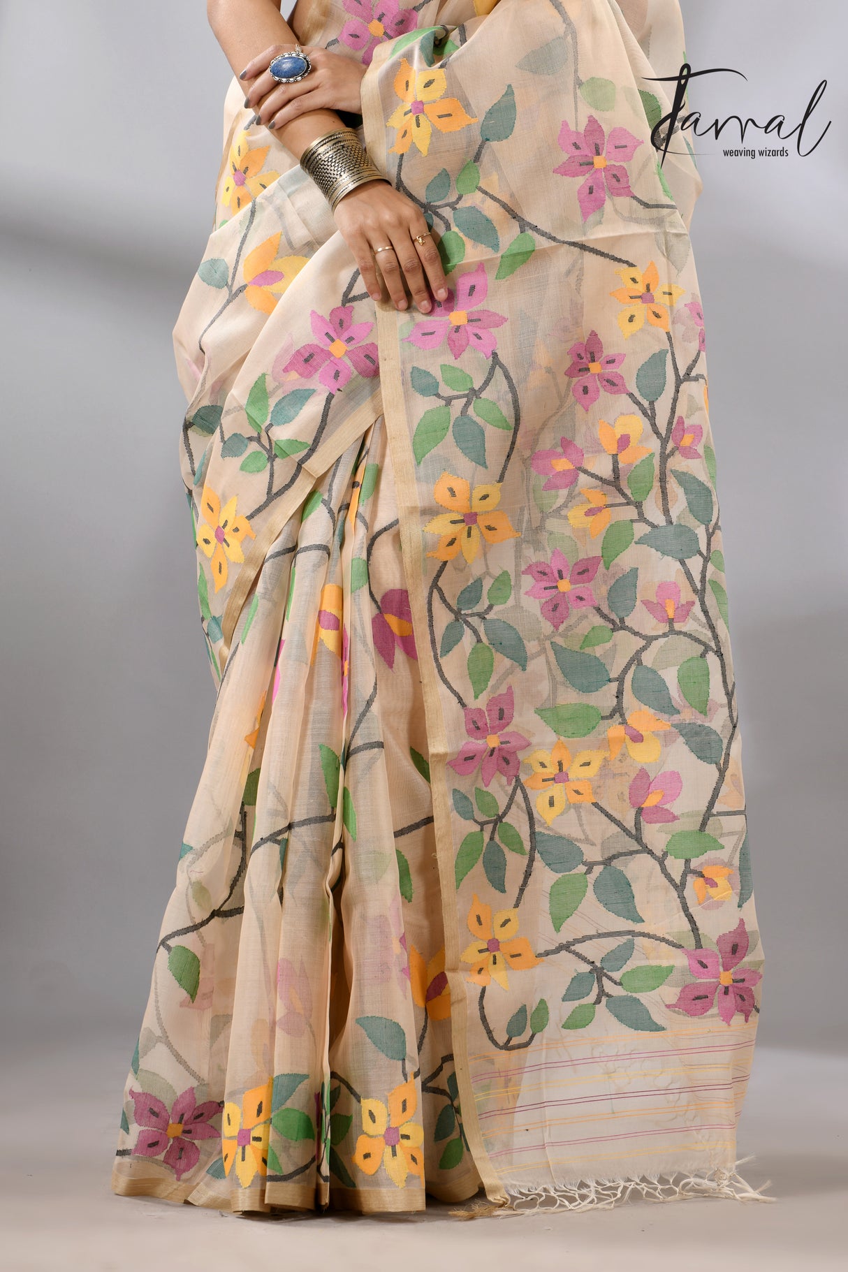 Offwhite with tussar border and multicolour allover bougainvillea flower muslin silk handwoven jamdani saree