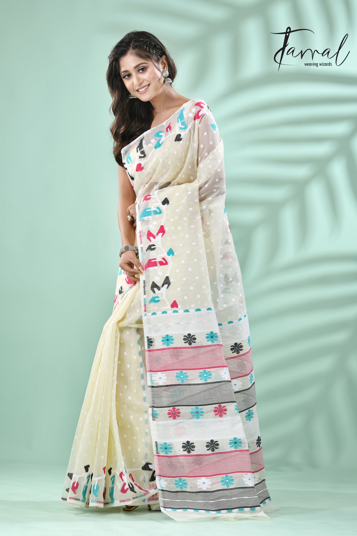 Offwhite with multicolour floral border handloom dhaki jamdani saree