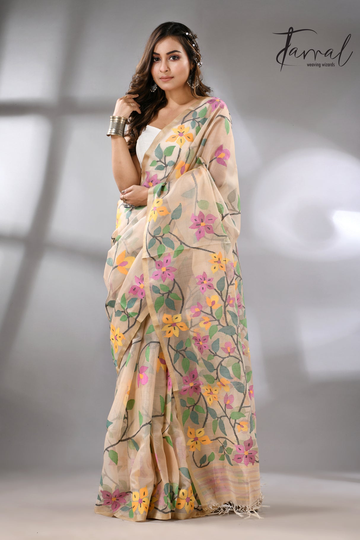 Offwhite with tussar border and multicolour allover bougainvillea flower muslin silk handwoven jamdani saree