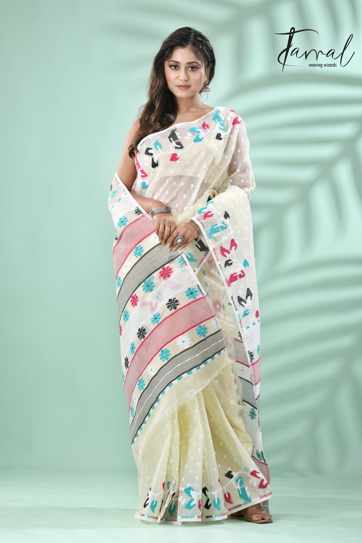 Offwhite with multicolour floral border handloom dhaki jamdani saree