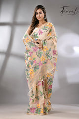 Offwhite with tussar border and multicolour allover bougainvillea flower muslin silk handwoven jamdani saree