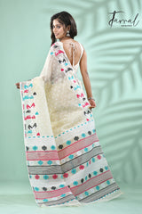 Offwhite with multicolour floral border handloom dhaki jamdani saree