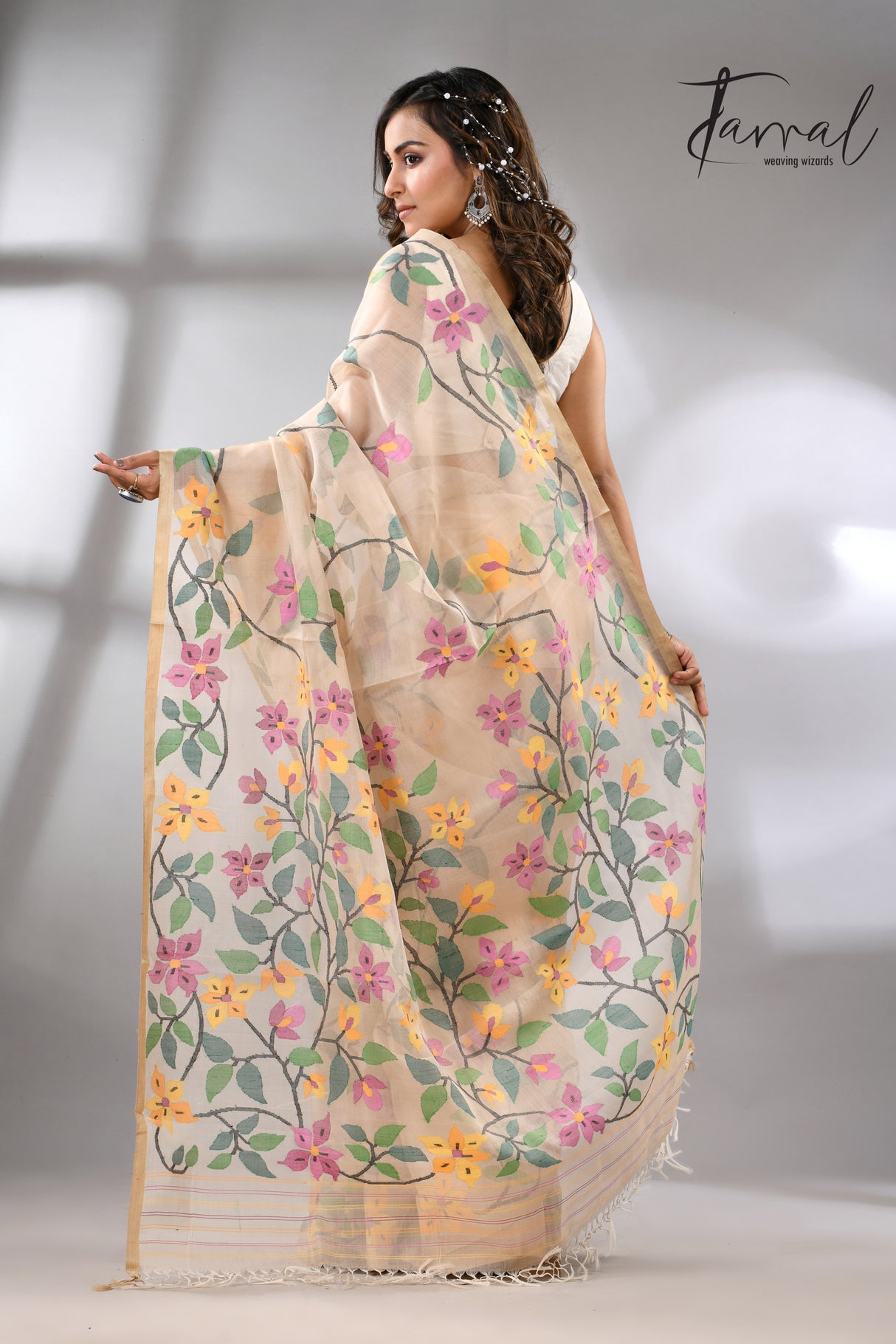 Offwhite with tussar border and multicolour allover bougainvillea flower muslin silk handwoven jamdani saree