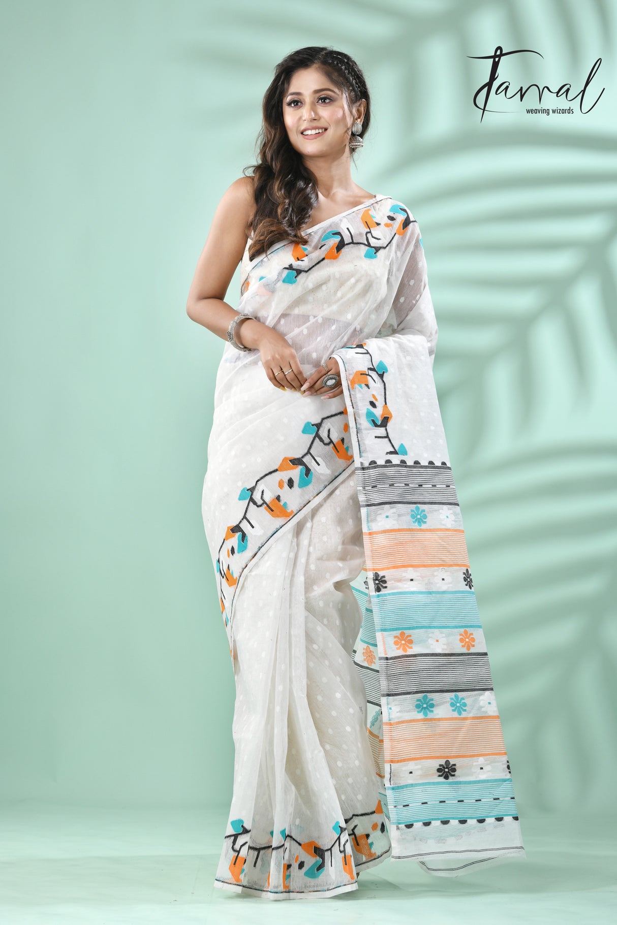 White with multicolour floral border handloom dhakai jamdani saree