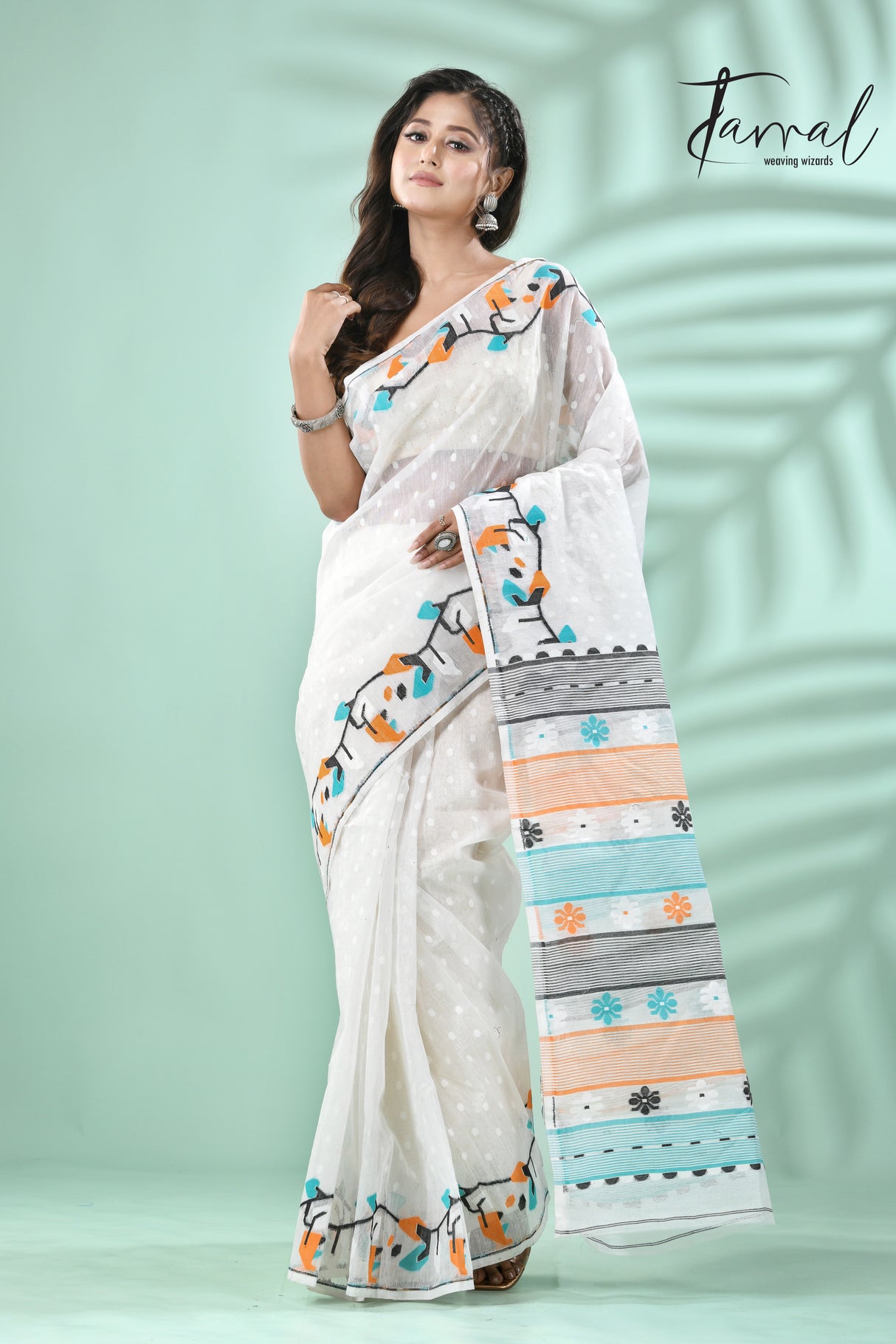 White with multicolour floral border handloom dhakai jamdani saree