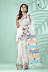 White with multicolour floral border handloom dhakai jamdani saree - Tamal Boutique