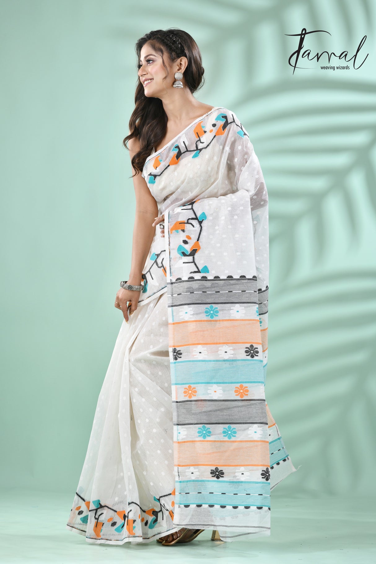 White with multicolour floral border handloom dhakai jamdani saree