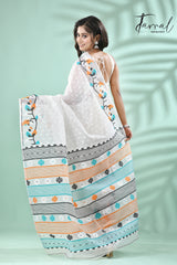 White with multicolour floral border handloom dhakai jamdani saree - Tamal Boutique