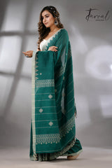 Emerald green with temple border cotton handwoven jamdani saree - Tamal Boutique