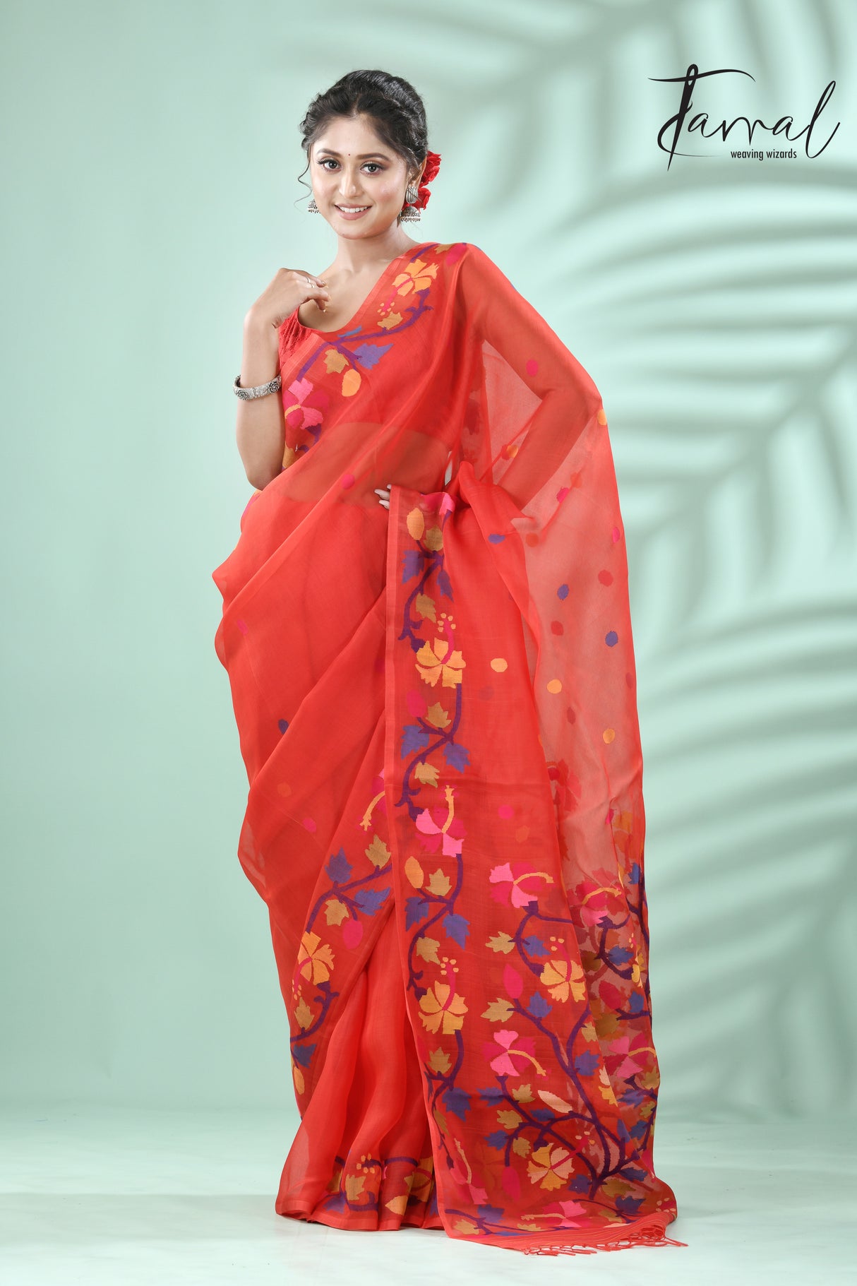 Red with multicolour hibiscus motifs handwoven jamdani in muslin silk saree