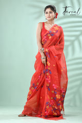 Red with multicolour hibiscus motifs handwoven jamdani in muslin silk saree