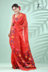 Red with multicolour hibiscus motifs handwoven jamdani in muslin silk saree