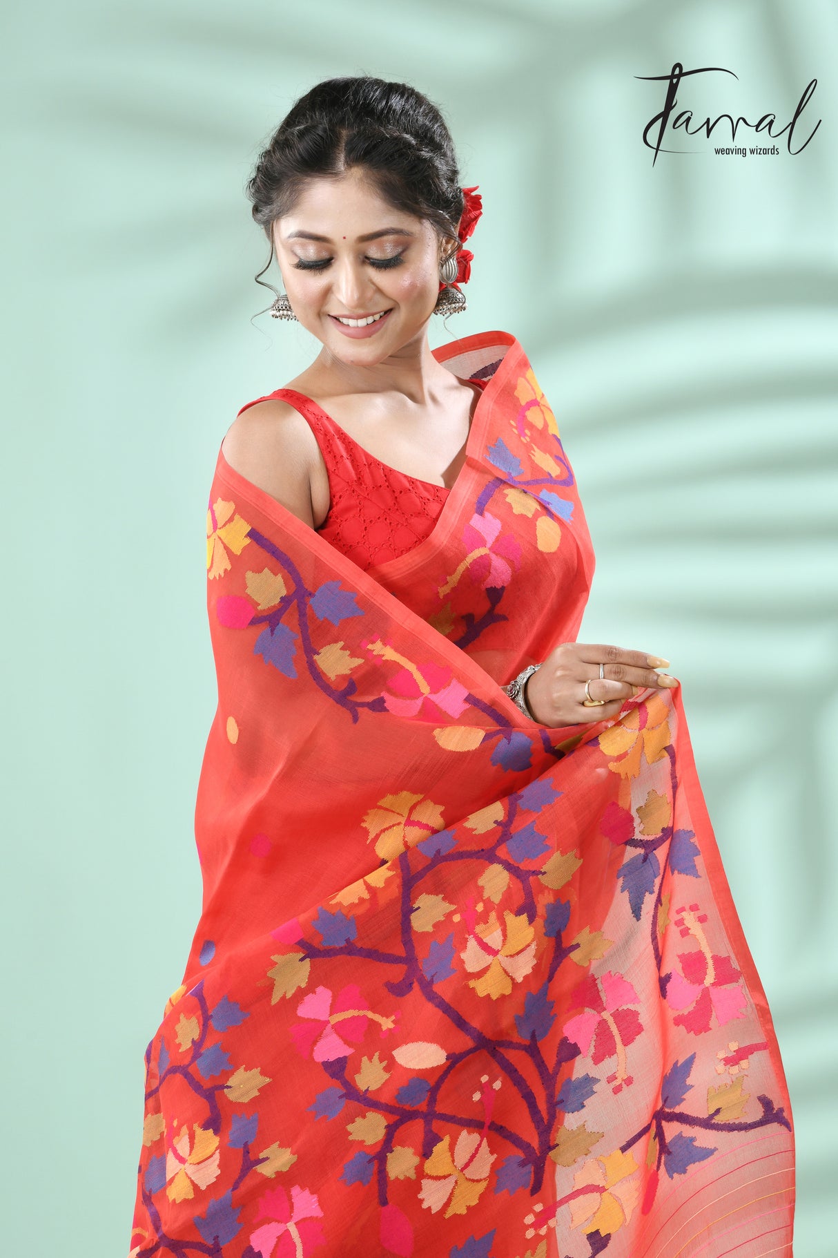 Red with multicolour hibiscus motifs handwoven jamdani in muslin silk saree