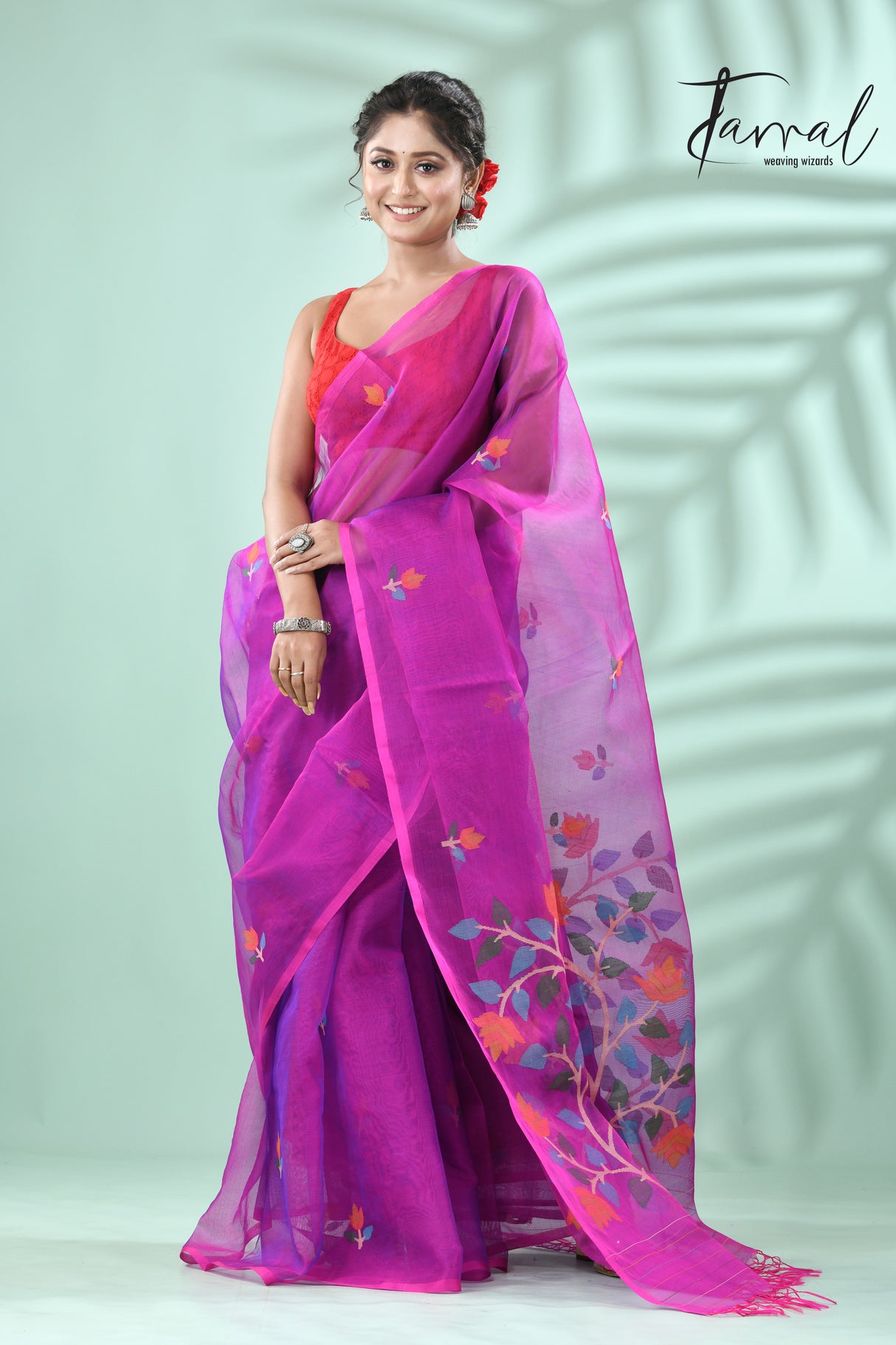 Magenta floral handwoven muslin silk jamdani saree