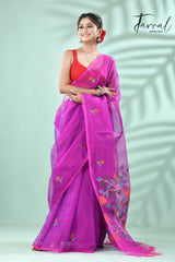 Magenta floral handwoven muslin silk jamdani saree