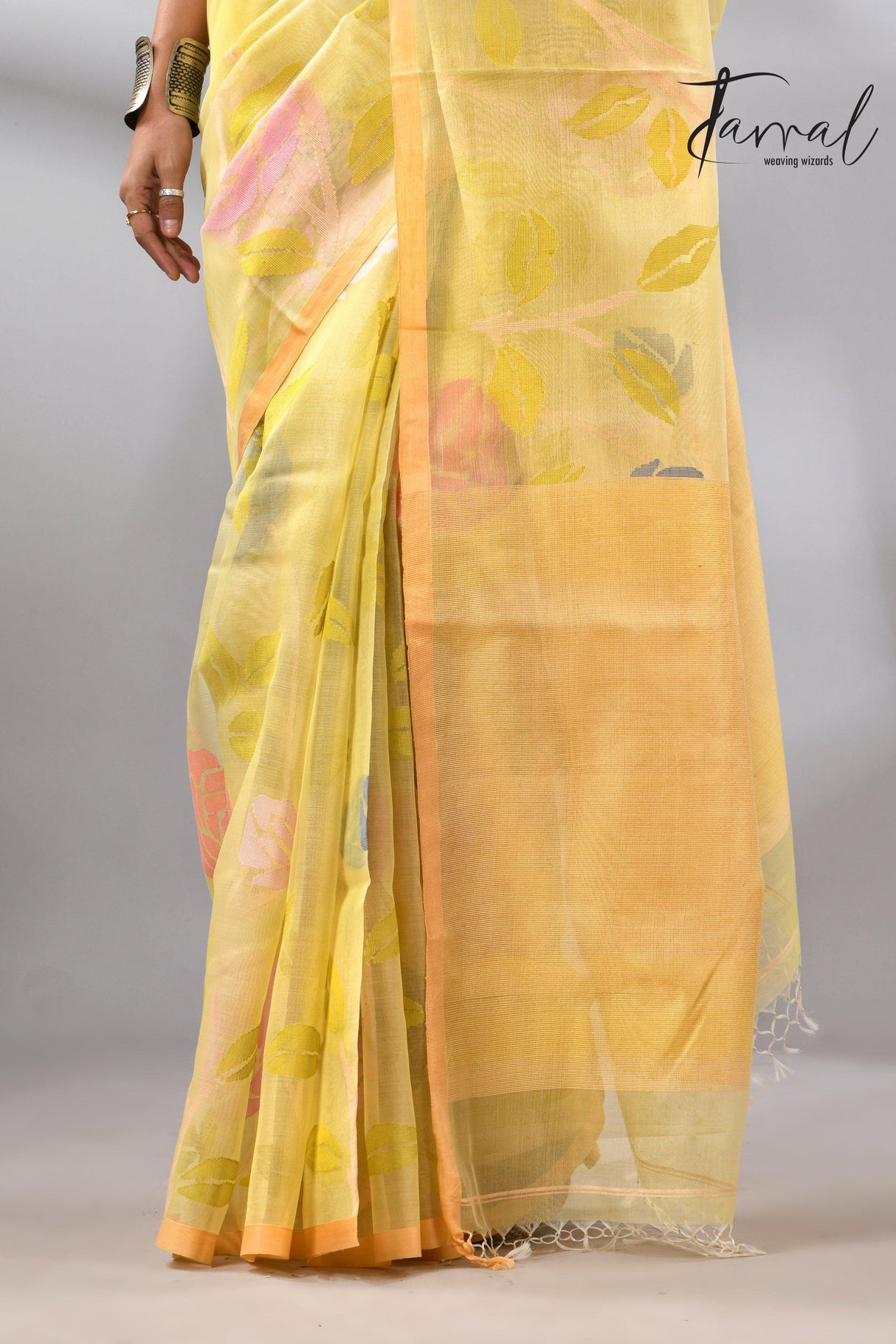 Light yellow with multi colour allover floral handwoven jamdani saree