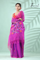 Magenta floral handwoven muslin silk jamdani saree