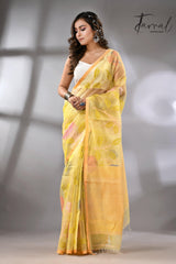 Light yellow with multi colour allover floral handwoven jamdani saree