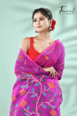 Magenta floral handwoven muslin silk jamdani saree