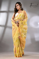 Light yellow with multi colour allover floral handwoven jamdani saree