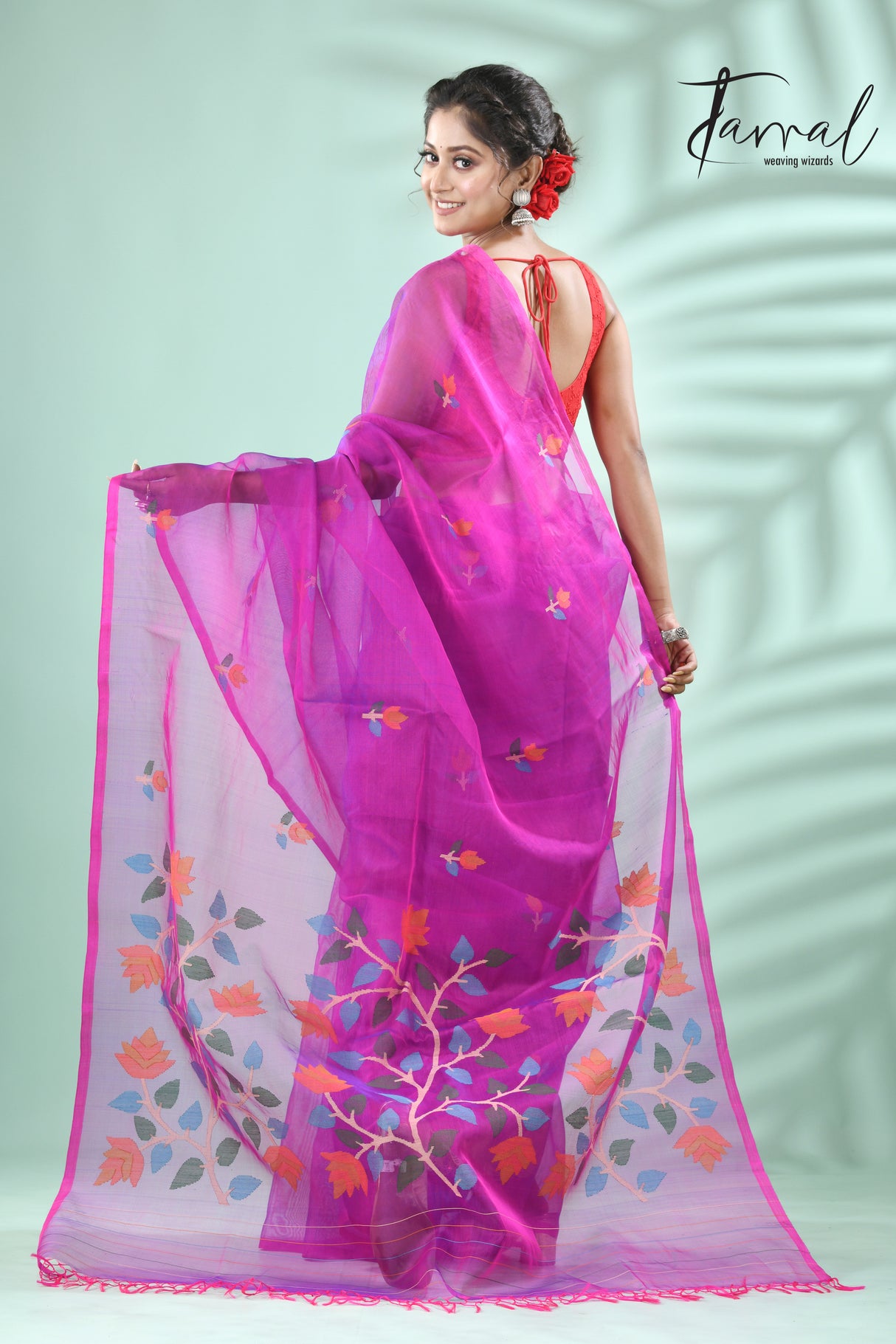 Magenta floral handwoven muslin silk jamdani saree