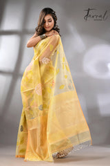 Light yellow with multi colour allover floral handwoven jamdani saree