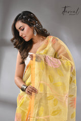 Light yellow with multi colour allover floral handwoven jamdani saree