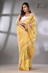 Light yellow with multi colour allover floral handwoven jamdani saree