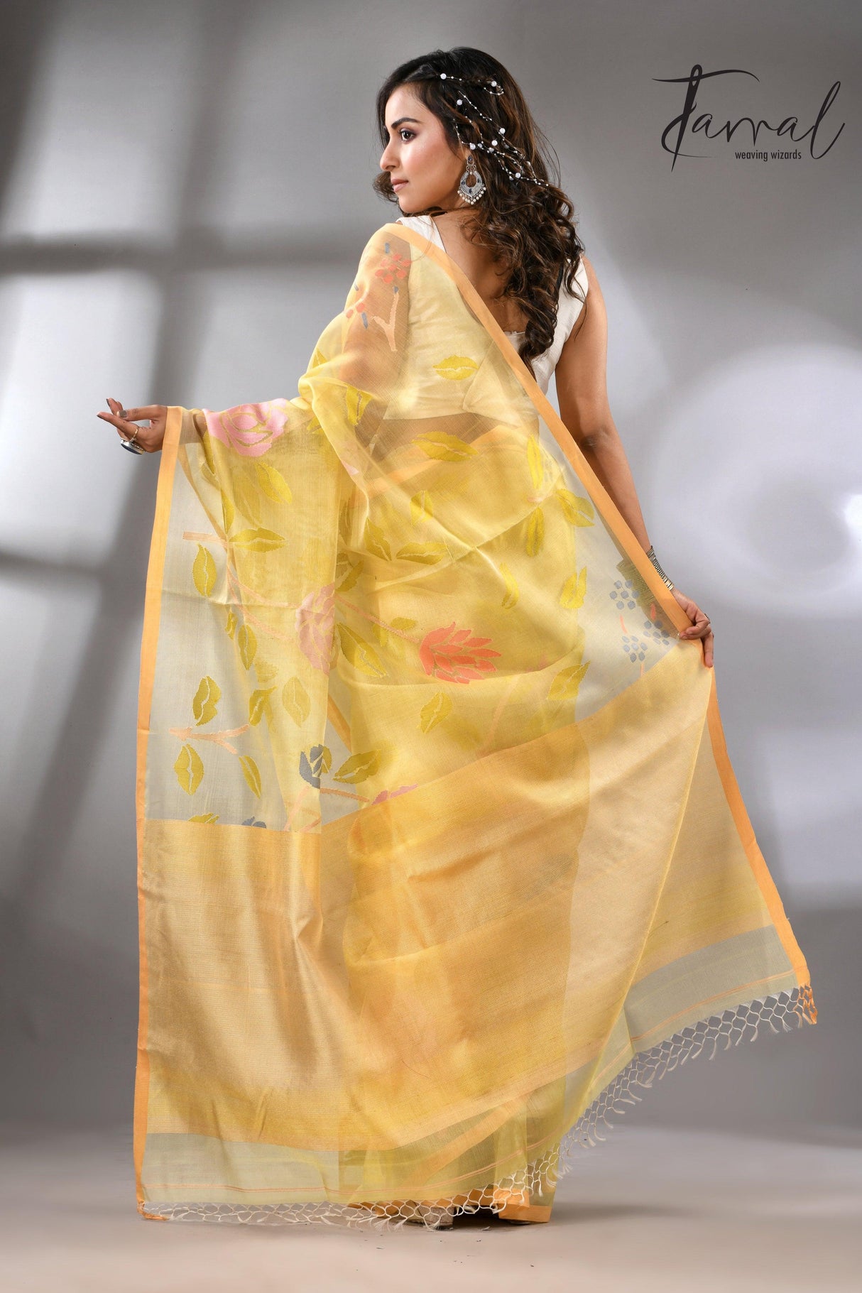 Light yellow with multi colour allover floral handwoven jamdani saree