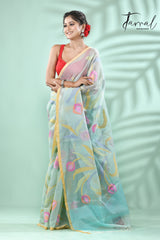 Dust sky tulip buds allover muslin silk handwoven jamdani saree