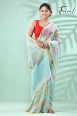 Dust sky tulip buds allover muslin silk handwoven jamdani saree